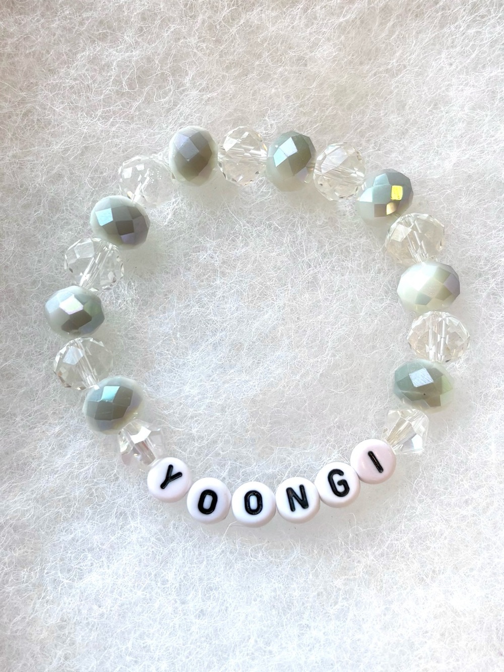 Custom 'YOONGI' Beaded Stretch Bracelet in Iridescent White and Pale Gray